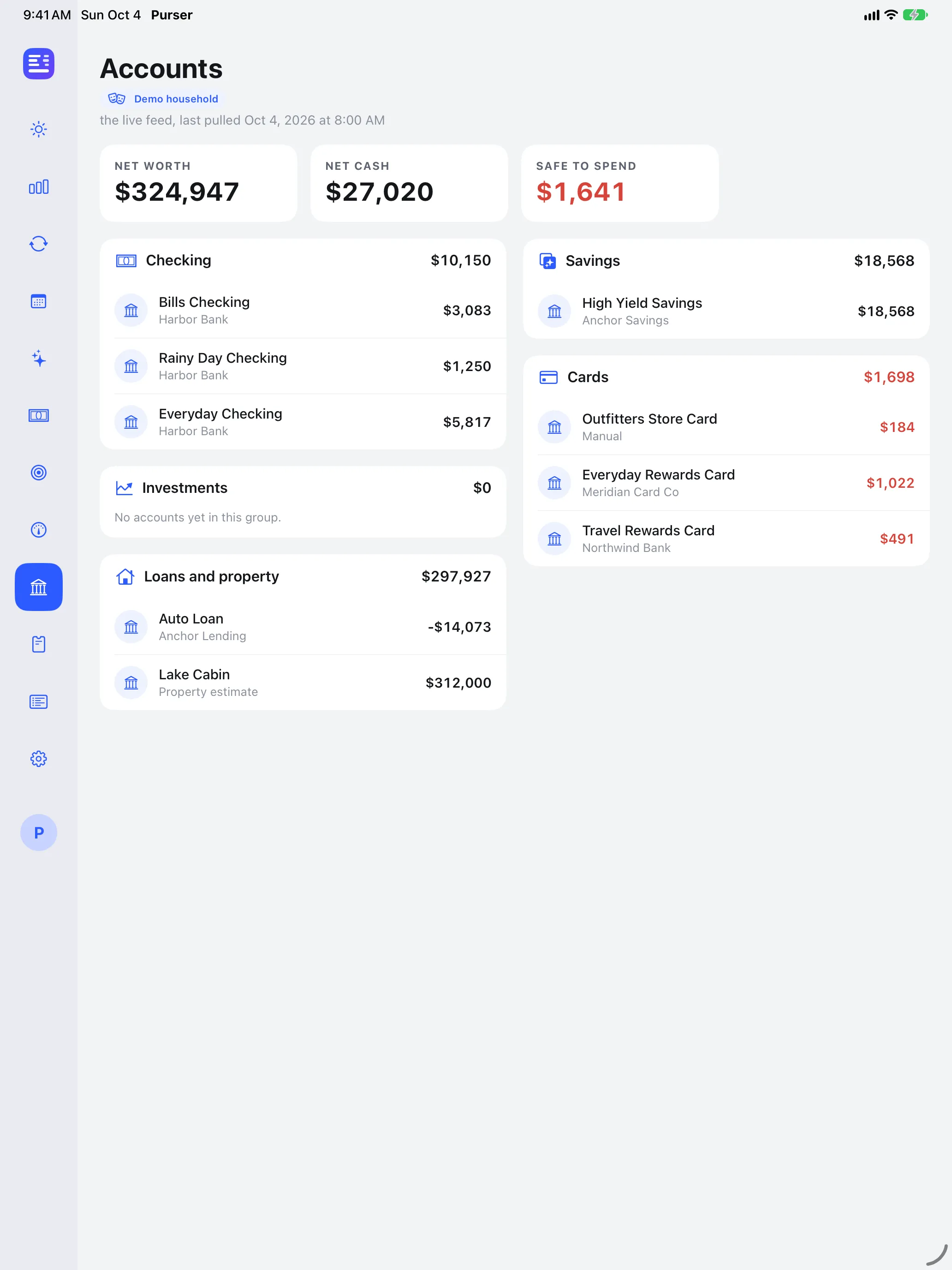 Purser Accounts screen on iPad, demo data