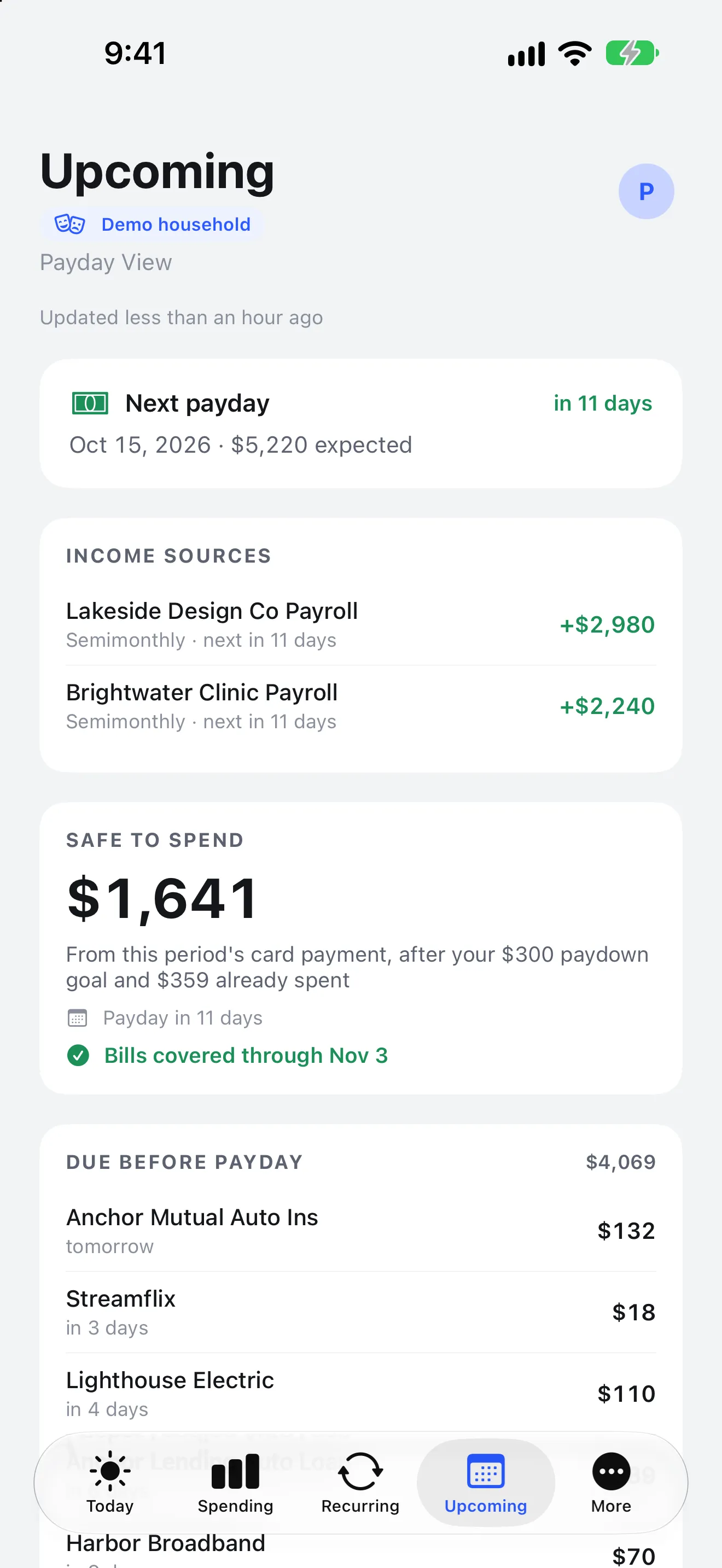 Purser Upcoming screen on demo data, showing the next payday and income sources